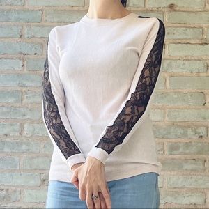 Whistles Sweater Lace Inset Sleeve Cream Beige Thin Knit Crew Neck Pullover XS